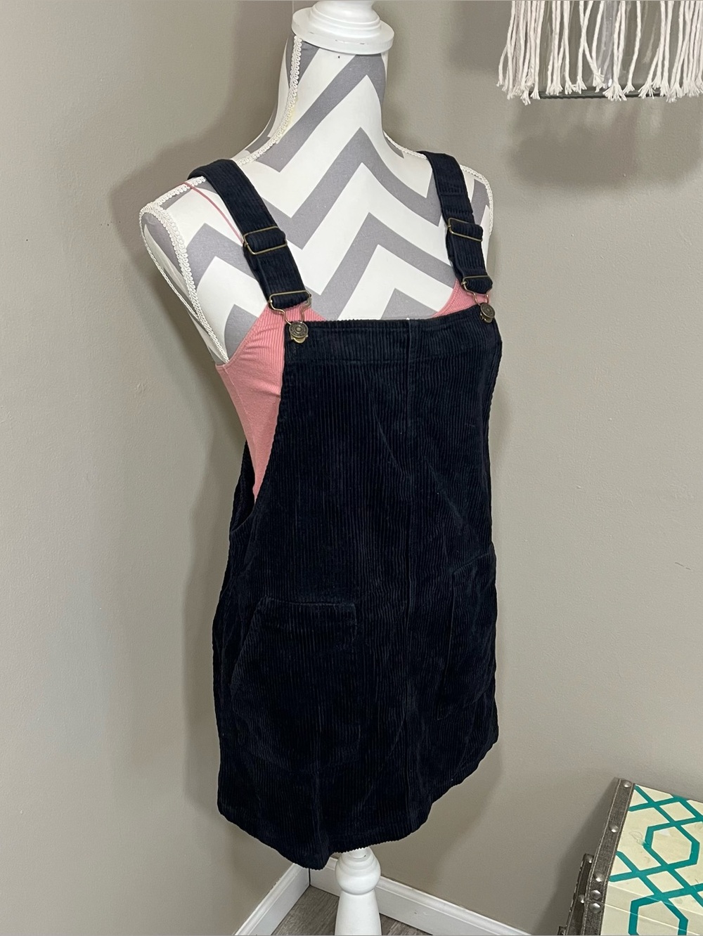 Sadie & Sage Size Small Black 100% Cotton Corduroy Overall Mini Dress Pockets